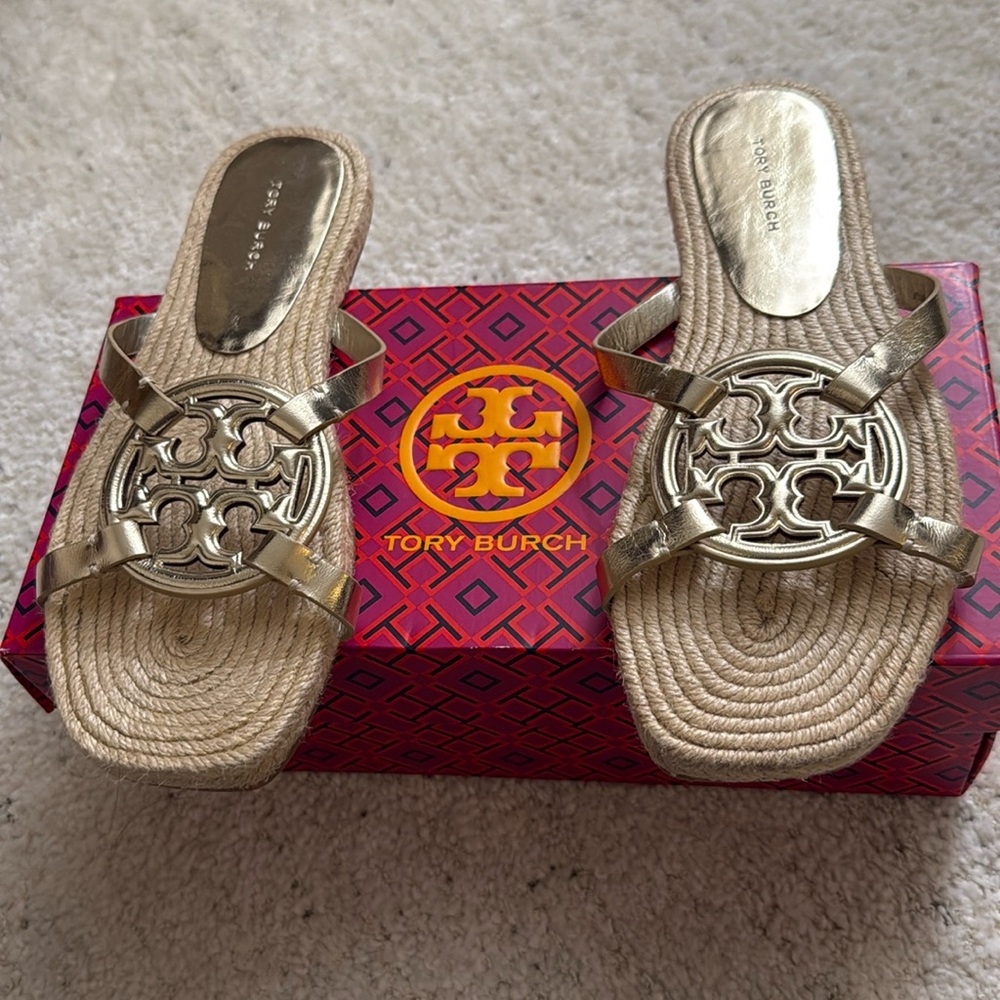 Tory Burch Bombe Miller Espadrille Metallic Gold Leather/Jute Size 6.5